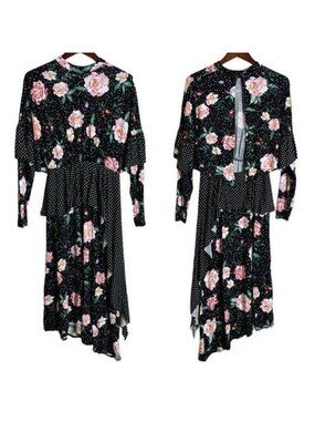 NEW ASOS Black Mixed Print Deconstructed Midi Tea Dress with Open Back Size 10